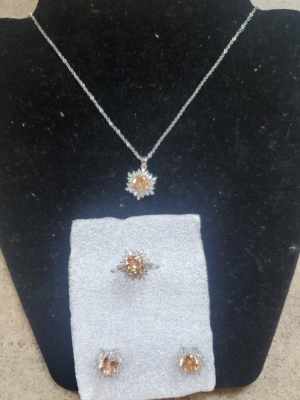 White Champagne CZ Necklace, Ring & Earring Set